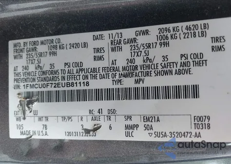 2014 Ford Escape S из США, поврежденный, VIN 1FMCU0F72EUB81118